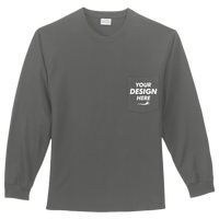 Port & Co Long Sleeve Essential Pocket Tee, Charcoal, Front view, Mockup