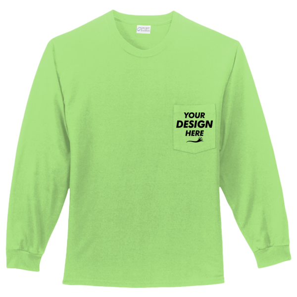 Port & Co Long Sleeve Essential Pocket Tee, Lime, Front view, Mockup