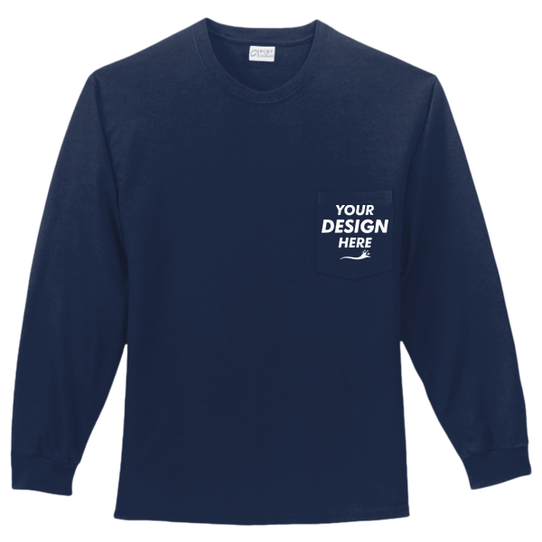 Port & Co Long Sleeve Essential Pocket Tee, Navy, Front view, Mockup