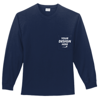 Port & Co Long Sleeve Essential Pocket Tee, Navy, Front view, Mockup