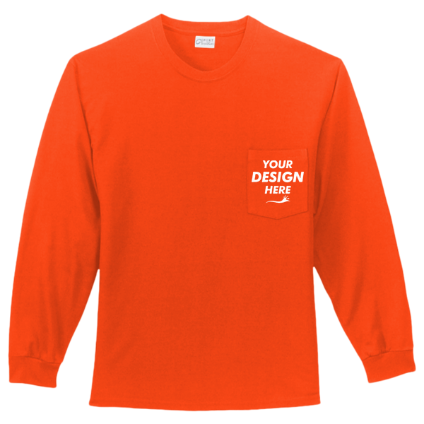 Port & Co Long Sleeve Essential Pocket Tee, Orange, Front view, Mockup