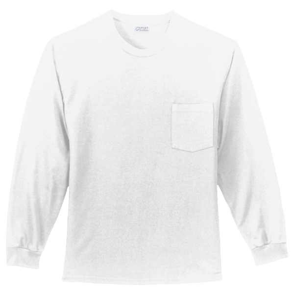 Port & Co Long Sleeve Essential Pocket Tee, White, Front view