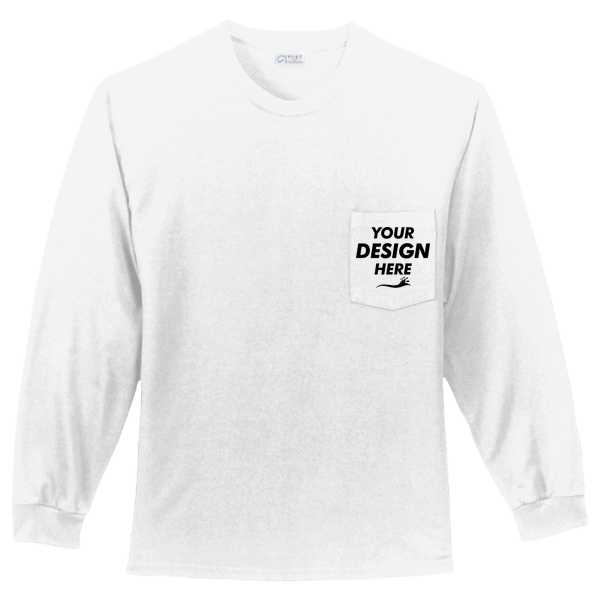 Port & Co Long Sleeve Essential Pocket Tee, White, Front view, Mockup