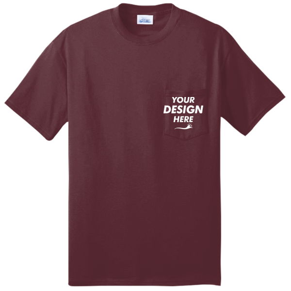 Port & Co Tall Core Blend Pocket Tee, Athletic Maroon, Front view, Mockup