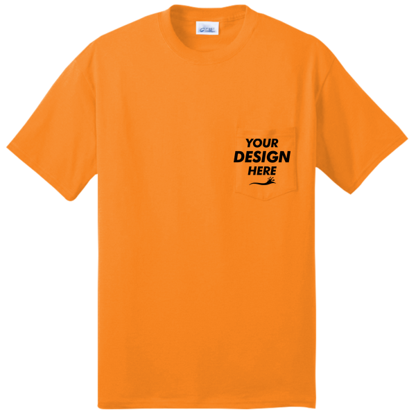 Port & Co Tall Core Blend Pocket Tee, Safety Orange, Front view, Mockup
