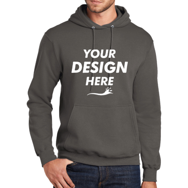 Port & Co Tall Core Fleece Pullover Hooded Sweatshirt, Charcoal, Front view, Mockup