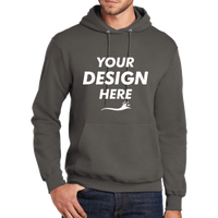 Port & Co Tall Core Fleece Pullover Hooded Sweatshirt, Charcoal, Front view, Mockup
