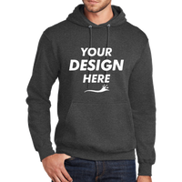 Port & Co Tall Core Fleece Pullover Hooded Sweatshirt, Dark Heather Grey, Front view, Mockup