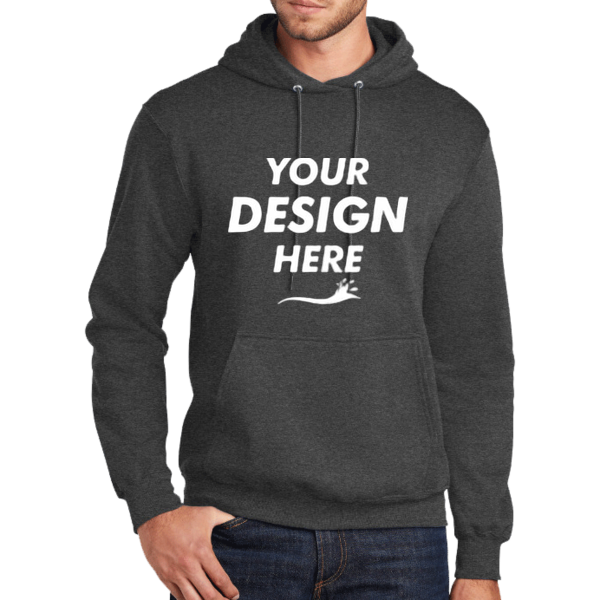 Port & Co Tall Core Fleece Pullover Hooded Sweatshirt, Dark Heather Grey, Front view, Mockup