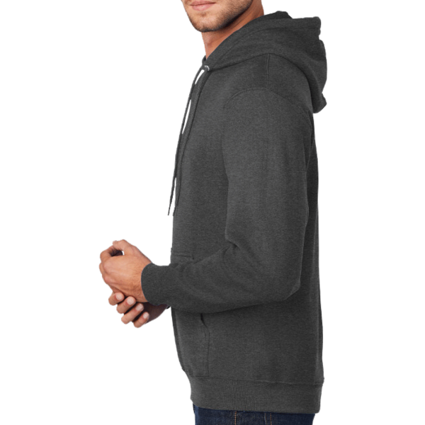 Port & Co Tall Core Fleece Pullover Hooded Sweatshirt, Dark Heather Grey, Left Sleeve view