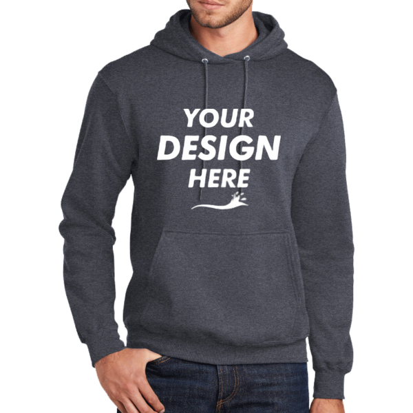 Port & Co Tall Core Fleece Pullover Hooded Sweatshirt, Heather Navy, Front view, Mockup