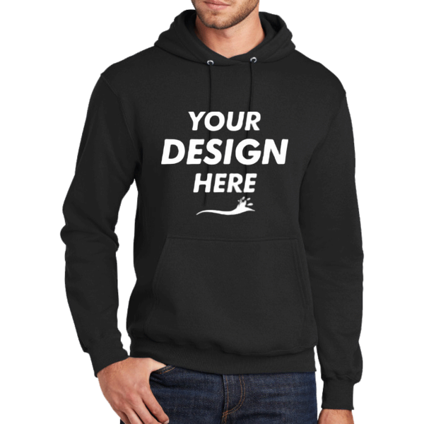 Port & Co Tall Core Fleece Pullover Hooded Sweatshirt, Jet Black, Front view, Mockup