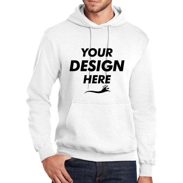 Port & Co Tall Core Fleece Pullover Hooded Sweatshirt, White, Front view, Mockup