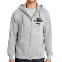 Port & Co Tall Essential Fleece Full Zip Hooded Sweatshirt, Ash, Front view, Mockup