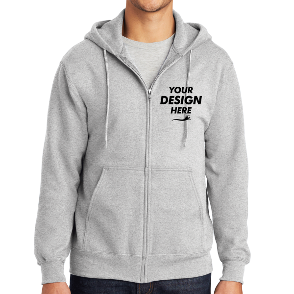 Port & Co Tall Essential Fleece Full Zip Hooded Sweatshirt, Ash, Front view, Mockup