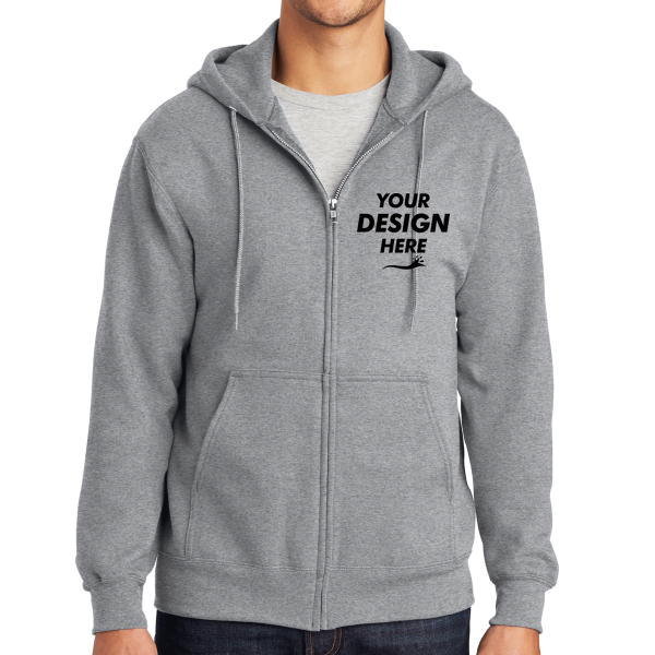 Port & Co Tall Essential Fleece Full Zip Hooded Sweatshirt, Athletic Heather, Front view, Mockup