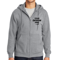 Port & Co Tall Essential Fleece Full Zip Hooded Sweatshirt, Athletic Heather, Front view, Mockup