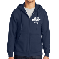 Port & Co Tall Essential Fleece Full Zip Hooded Sweatshirt, Navy, Front view, Mockup