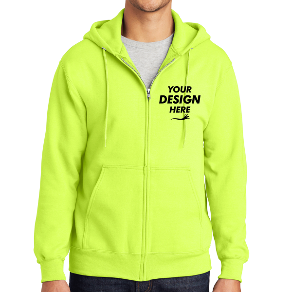 Port & Co Tall Essential Fleece Full Zip Hooded Sweatshirt, Safety Green, Front view, Mockup