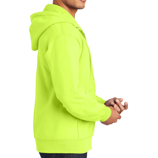 Port & Co Tall Essential Fleece Full Zip Hooded Sweatshirt, Safety Green, Right Sleeve view