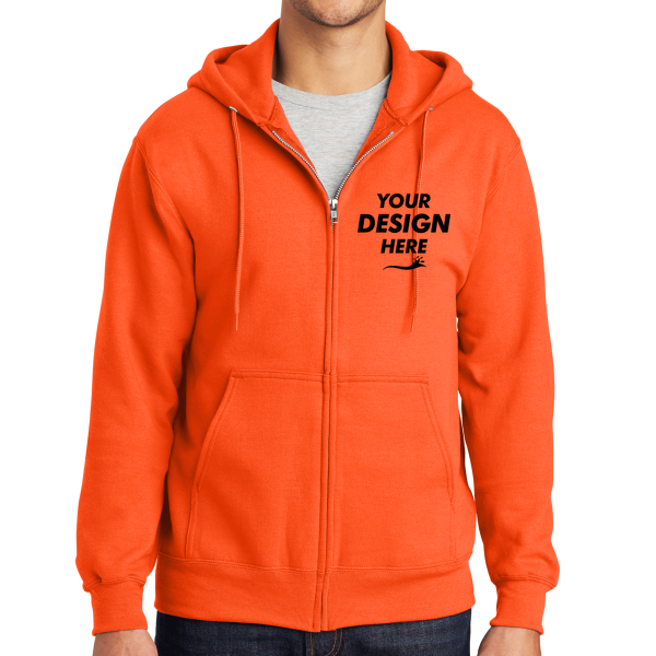 Port & Co Tall Essential Fleece Full Zip Hooded Sweatshirt, Safety Orange, Front view, Mockup
