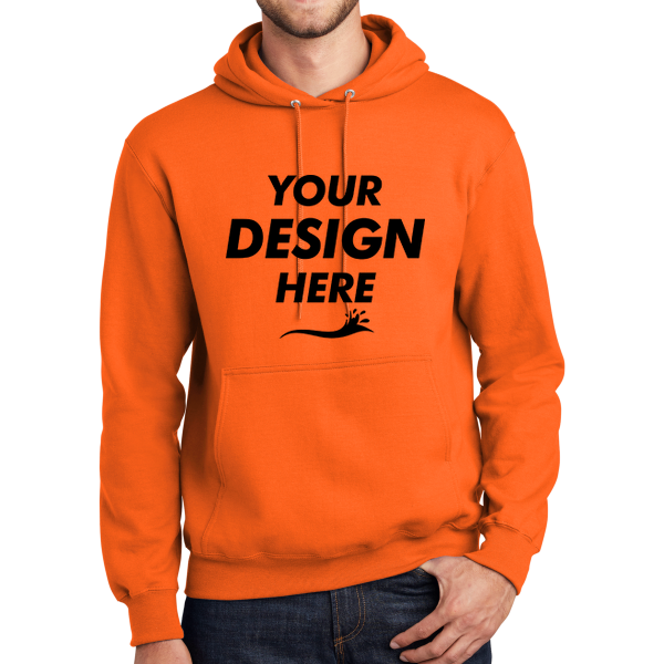 Port & Co Tall Essential Fleece Pullover Hooded Sweatshirt, Safety Orange, Front view, Mockup