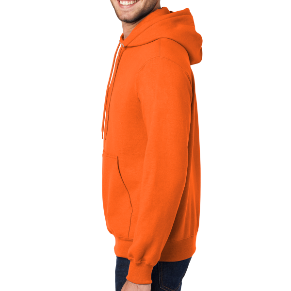 Port & Co Tall Essential Fleece Pullover Hooded Sweatshirt, Safety Orange, Left Sleeve view