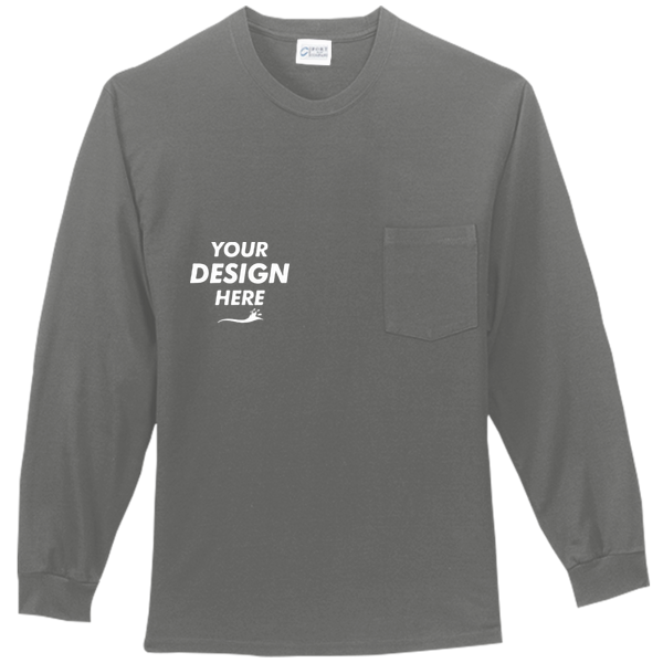 Port & Co Tall Long Sleeve Essential Pocket Tee, Charcoal, Front view, Mockup