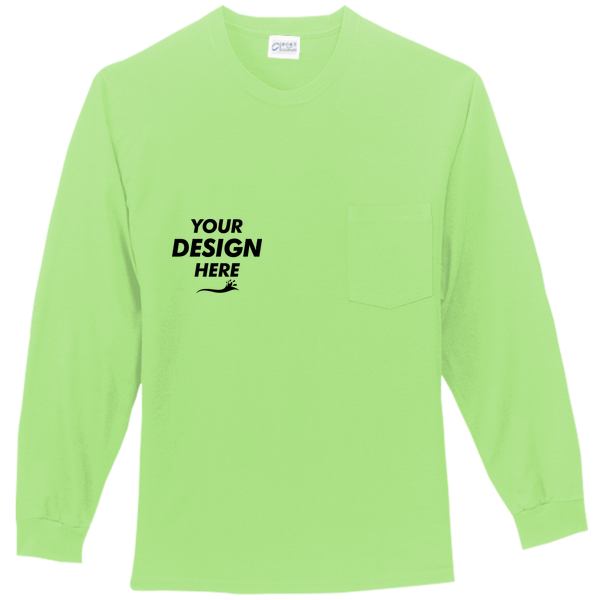 Port & Co Tall Long Sleeve Essential Pocket Tee, Lime, Front view, Mockup