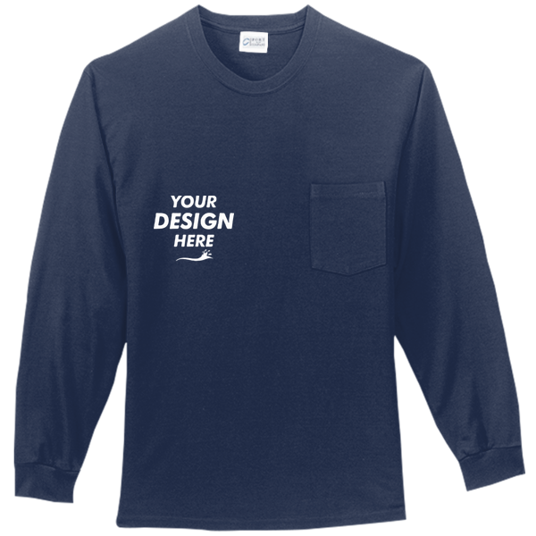Port & Co Tall Long Sleeve Essential Pocket Tee, Navy, Front view, Mockup
