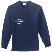 Port & Co Tall Long Sleeve Essential Pocket Tee, Navy, Front view, Mockup