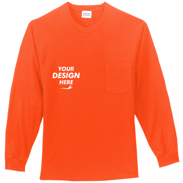 Port & Co Tall Long Sleeve Essential Pocket Tee, Orange, Front view, Mockup