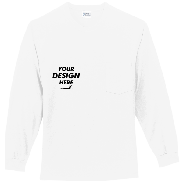 Port & Co Tall Long Sleeve Essential Pocket Tee, White, Front view, Mockup