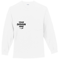Port & Co Tall Long Sleeve Essential Pocket Tee, White, Front view, Mockup