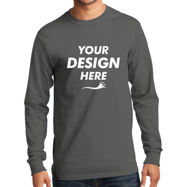 Port & Co Tall Long Sleeve Essential Tee, Charcoal, Front view, Mockup