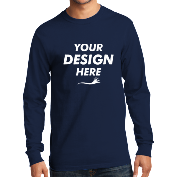 Port & Co Tall Long Sleeve Essential Tee, Navy, Front view, Mockup