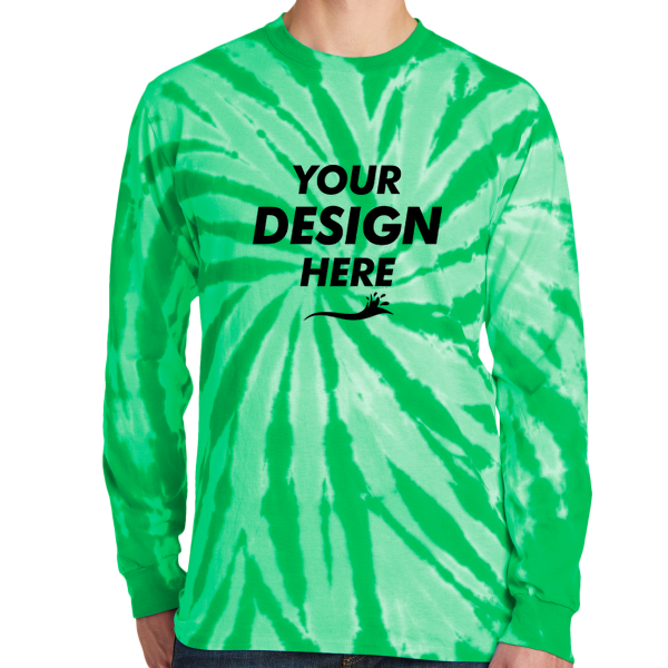 Port & Co Tie Dye Long Sleeve Tee, Kelly, Front view, Mockup