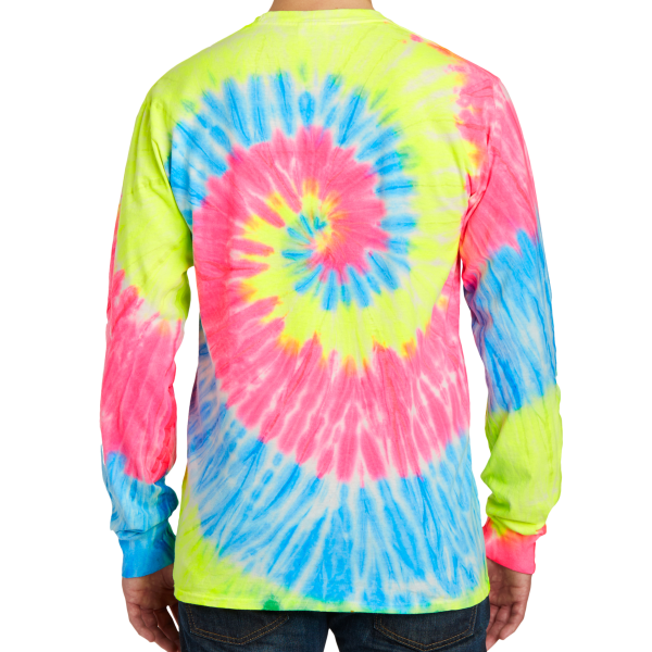 Port & Co Tie Dye Long Sleeve Tee, Neon Rainbow, Back view