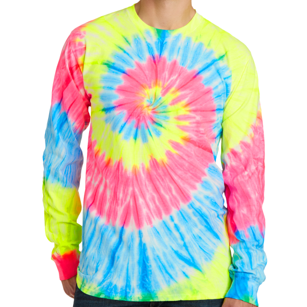 Port & Co Tie Dye Long Sleeve Tee, Neon Rainbow, Front view