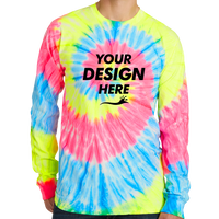 Port & Co Tie Dye Long Sleeve Tee, Neon Rainbow, Front view, Mockup