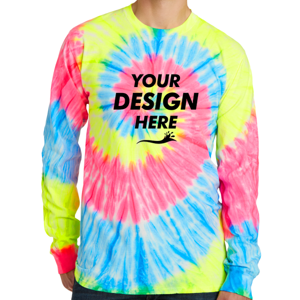 Port & Co Tie Dye Long Sleeve Tee, Neon Rainbow, Front view, Mockup