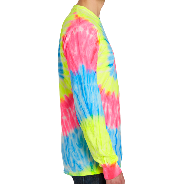 Port & Co Tie Dye Long Sleeve Tee, Neon Rainbow, Right Sleeve view