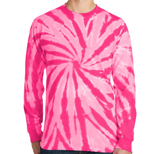 Port & Co Tie Dye Long Sleeve Tee, Pink, Front view
