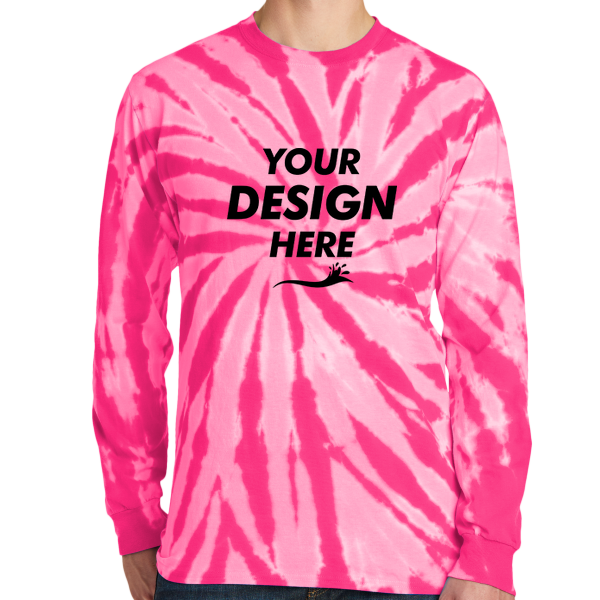 Port & Co Tie Dye Long Sleeve Tee, Pink, Front view, Mockup