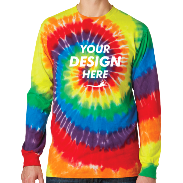 Port & Co Tie Dye Long Sleeve Tee, Rainbow, Front view, Mockup