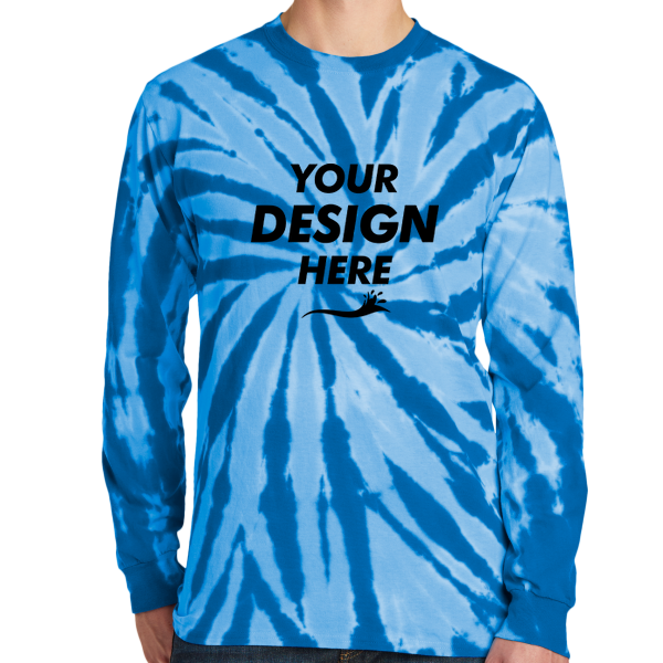 Port & Co Tie Dye Long Sleeve Tee, Royal, Front view, Mockup