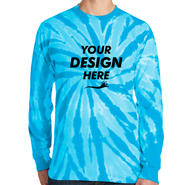 Port & Co Tie Dye Long Sleeve Tee, Turquoise, Front view, Mockup