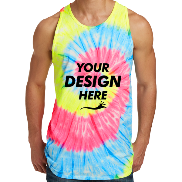 Port & Co Tie Dye Tank Top, Neon Rainbow, Front view, Mockup