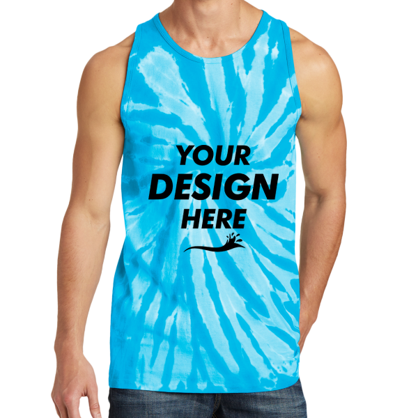 Port & Co Tie Dye Tank Top, Turquoise, Front view, Mockup