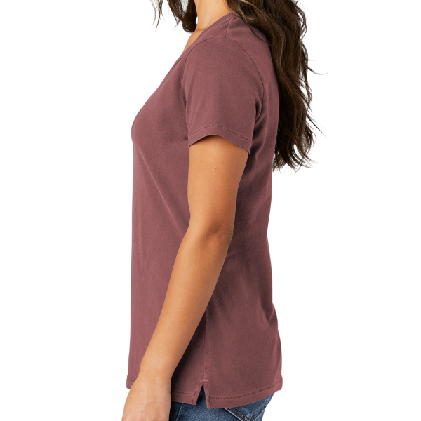 Port & Co Women's Beach Wash ® Garment Dyed V Neck Tee, Nostalgia Rose, Left Sleeve view
